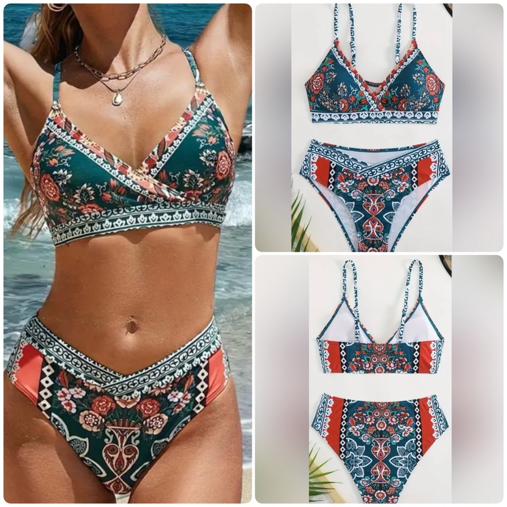 Vintage Paisley Print Triangle High Waist Bikini Set